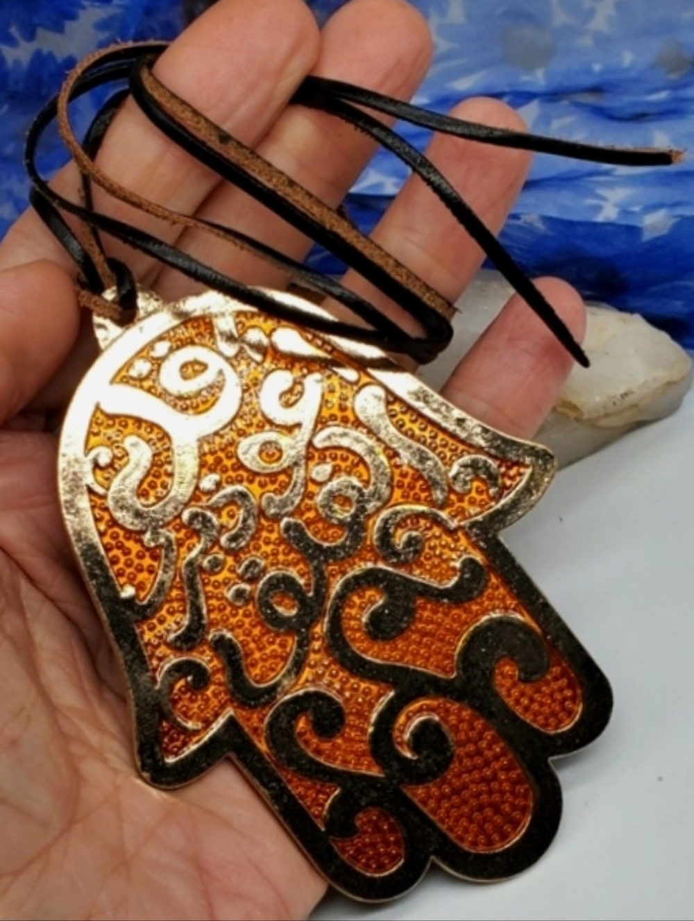 Moroccan Hamsa Jewelry Gold Pendant Genuine Leather Ethnic Necklace